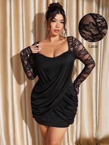 Cravure Plus Size Women's Sweetheart Neck Contrast Lace Long Sleeve Ruffle Sexy Dress - Black - View 4