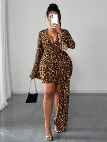 Maweii Váy buộc dây tay loe họa tiết da báo gợi cảm cỡ lớn - màu nâu - Xem 4