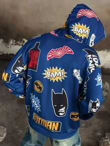 BATMAN X SHEIN Men's Casual Letter Graphic Pocket Hoodie, Autumn, Long Sleeve Top - Navy Blue - View 1