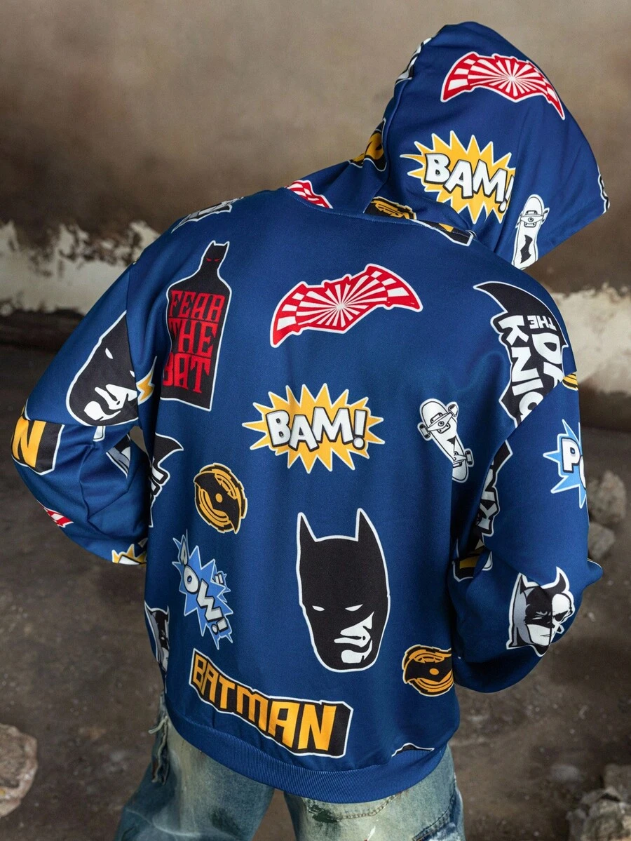 BATMAN X SHEIN Men's Casual Letter Graphic Pocket Hoodie, Autumn, Long Sleeve Top - Navy Blue - View 1