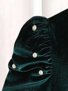 SHEIN Explorewe Kleine Mädchen elegantes & bequemes Prinzessinnen-Stil Kleid mit Perlen und Ballonärmeln, rundem Ausschnitt, geeignet für Dates und Partys - Grün - Übersicht 3