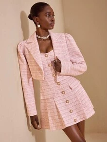 JIAN LASALA 多色斜纹软呢尖领长袖短款夹克，女士秋季优雅粉色早午餐装，商务休闲装，优雅外套，特殊场合必备，奢华时尚系列 - 粉色 - 查看 6
