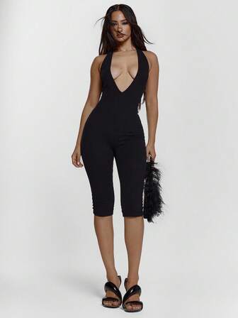 MUSERA Deep V Plunge Fitted Racerback Capri Unitard Sexy Going Out Autumn Fall Night Out Winter Cute Streetwear Feraux Christmas Party Elegant Evening  New Year