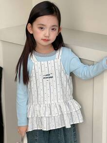 DAZY 女童条纹刺绣吊带背心 - 藍色 - 查看 4