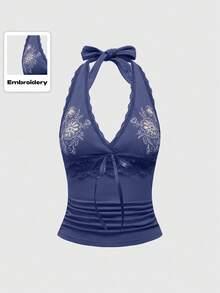 ROMWE Hippie 女式休闲花卉刺绣露背吊带上衣，夏季 - 藍色 - 查看 4