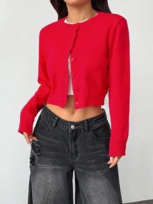 SHEIN PETITE 女士纯色单排扣休闲短款长袖开衫，圣诞新年秋冬季 - 紅色 - 查看 5