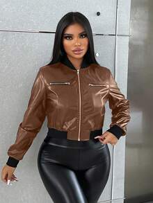 Zolique SXY 女式短款水洗 PU 皮革长袖拉链时尚高端街头棒球夹克，秋冬女装，飞行员女式夹克 - 棕色 - 查看 5