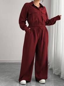 Elenzga 大码女式法式浪漫西西里优雅休闲通勤度假纯棕色衬衫领隐形门襟松紧下摆长袖衬衫 + 松紧腰工装裤套装，春/秋/冬 - 紫紅色 - 查看 4