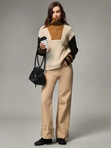 SHEIN Women's Contrast Color Drop Shoulder Long Sleeve Zip-Up Casual Loose Sweater, Autumn/Winter - Multicolor - View 5