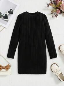 فستان كاجوال بياقة مستديرة مضلع بلون أسود ورمادي، طقم 2 قطعة للبنات - متعدد الألوان - مشاهدة 7