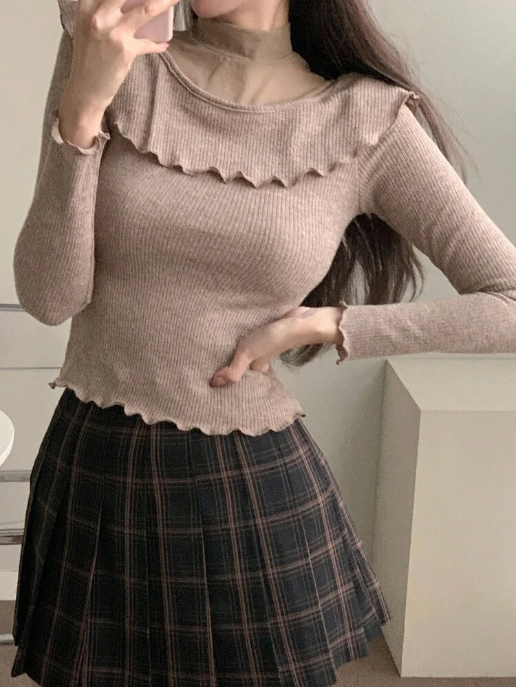 Women's Stand Collar Mesh Patchwork Ruffle Hem Fitted Long Sleeve Sexy Elegant T-Shirt