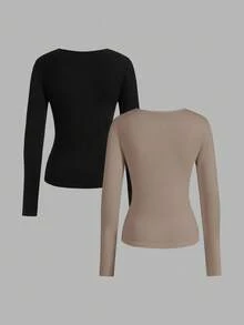 SHEIN EZwear 2 piezas Conjunto de camisetas de manga larga de corte slim con cuello en V profundo para mujer, color negro y caqui, adecuado para otoño/invierno - Multicolor - Ver 2