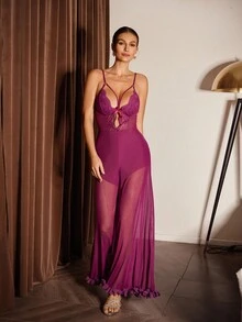 Slumberist 女士性感蕾丝撞色网眼吊带背心连体裤，夏季睡衣 - 中紫紅色 - 查看 3