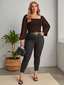 Firerie Modny, elegancki top damski w dużym rozmiarze z kwadratowym dekoltem i długim rękawem