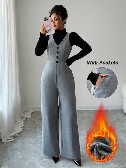 Elenzga Elegant Commuter Fashion Elegant Versatile Woolen Fabric Bib V-Neck Sleeveless Front Center Button Decor Waist Slimming Slant Pocket Straight Leg Jumpsuit For Women