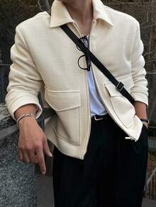 DAZY Autumn Commuter Ribbed Texture Fabric Beige Short Men's Jacket And Coat - Beige - View 1