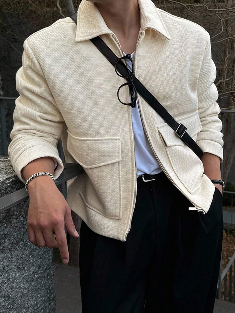 DAZY Autumn Commuter Ribbed Texture Fabric Beige Short Men's Jacket And Coat - Beige - View 1