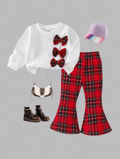 SHEIN Playful Pals 2pcs Infant Girl Summer Fashionable Simple Cute Brown Long Sleeve Round Neck Hoodie With Black Bow Decor, Paired With Black Flared Pants Set, Suitable For Daily Wear And Photography