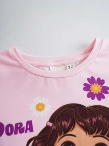 DORA | SHEIN Young Girl Cute Cartoon Girl Large Graphic Print Round Neck Flare Sleeve Knit Pink T-Shirt - Pink - View 3