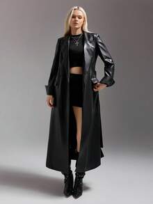 SHEIN ICON 女式长款 PU 夹克，配有可折叠袖口和腰带，适合秋冬女性 - 黑色 - 查看 5