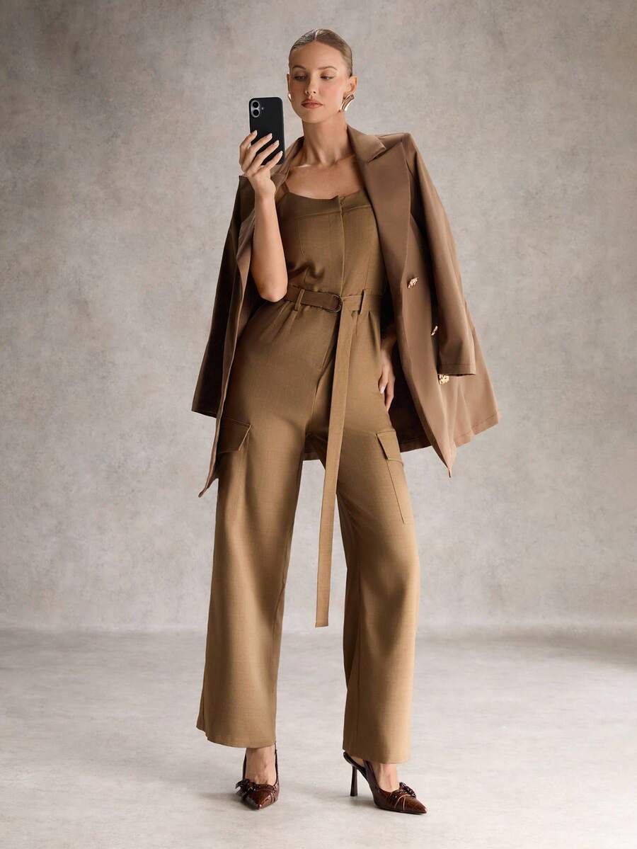 SHEIN Unity Women's Solid Color Utility Pocket Casual Jumpsuit - Coffee Brown - View 1