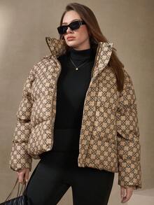 Chikora Plus Size Women Floral Pattern Long Sleeve Fashionable Thick Hooded Padded Coat Women's Winter Fall For Women Fall For Women Halloween Costumes Christmas Women's New Year Thanksgiving For Women Outerwear Women Coats For Women Women Winter Coats Women Puffer Coat Coats For Women Luxury For Women - Khaki - View 6