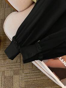 SHEIN 优雅蕾丝边领口长袖黑色衬衫，适合少女毕业季穿着 - 黑色 - 查看 10