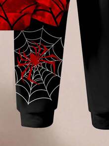 SHEIN 男婴冬季新款休闲简约蜘蛛侠英文可爱卡通扎染 Y2K 宽松舒适针织柔软连帽运动服套装，适合秋冬 - 彩色 - 查看 5