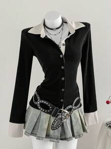 Elamini New Autumn/Winter Contrast Color Button-Up Slim Fit Versatile Office Lady Shirt - Black - View 3