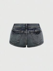 ROMWE J-Fashion Women's Super Low Waist Sexy Vintage Punk Distressed Skull Studded Decoration Denim Shorts - Royal Blue - View 4