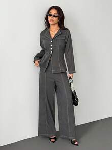 SHEIN PETITE Bộ áo sơ mi dài tay cài nút và quần âu thường ngày - Màu xám đen - Xem 5