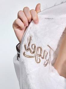 ROMWE J-Fashion Women's Retro Y2K Subculture Embroidered Fleece Patchwork Cropped Padded Coat, Back To School Style