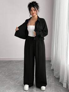 Elenzga 大码女式法式浪漫西西里优雅休闲通勤度假纯棕色衬衫领隐形门襟松紧下摆长袖衬衫 + 松紧腰工装裤套装，春/秋/冬 - 黑色 - 查看 4