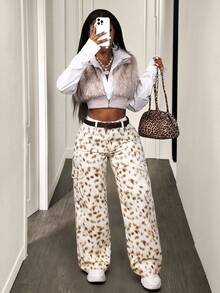 BamGleam Quần Jeans Nữ Họa Tiết Da Báo, Thiết Kế Mùa Thu, Cạp Thấp, Ống Thẳng - Nhiều màu - Xem 1