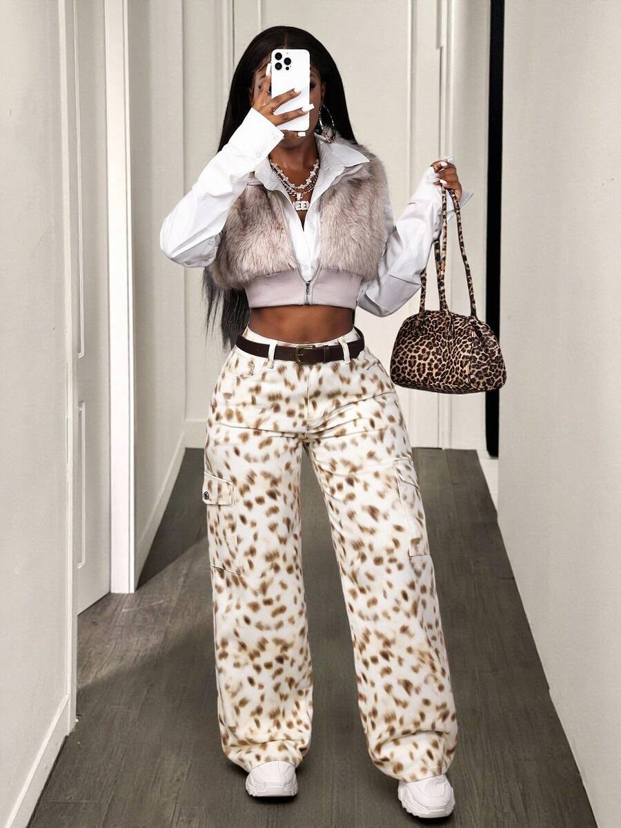 BamGleam Quần Jeans Nữ Họa Tiết Da Báo, Thiết Kế Mùa Thu, Cạp Thấp, Ống Thẳng - Nhiều màu - Xem 1