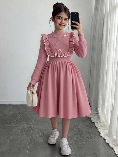 SHEIN Vestido casual de media longitud con dobladillo de volantes dulce para niña preadolescente, otoño/invierno