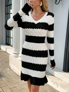 Chiquease 全新百搭黑白荷叶边下摆针织女裙 - 黑與白 - 查看 3