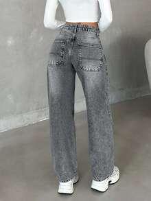 EURMUSE Petite Low Waist Snow Wash Straight Jean - Grey - View 2