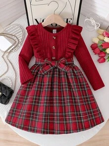 Elladie kids Young Girls Red Knit Plaid Patchwork Round Neck Long Sleeve Dress With Belt, Sweet Style, Suitable For Christmas, Autumn/Winter Christmas   Christmas Young Girls Dress  Princess Halloween/Christmas Party  Dresses Girls Red And Plaid Sets - Burgundy - View 4