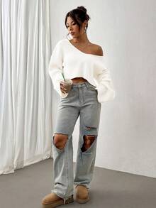 SHEIN Unity Women's Dropped Shoulder Long Sleeve V-Neck Casual Sweater With Textured Fabric, Autumn/Winter