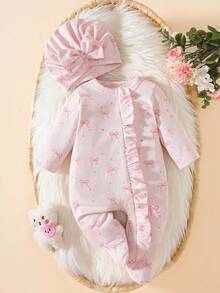 SHEIN Newborn Infant Bow Print Cute Baby Jumpsuit + Hat, Autumn/Winter