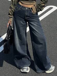 Livesso 女士宽松休闲破洞牛仔裤，夏季新品 - 深色水洗藍 - 查看 4