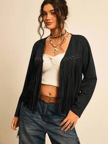 Freevana Plus Size Solid Color Drop Shoulder Long Sleeve Fringe & Rivet Decor Jacket/Winter - Black - View 3