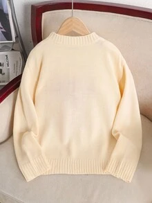 SHEIN Tween Girls' Loose Casual Minimalist Comfortable Round Neck Pullover Bow Graphic Long Sleeve Sweater - Apricot - View 2