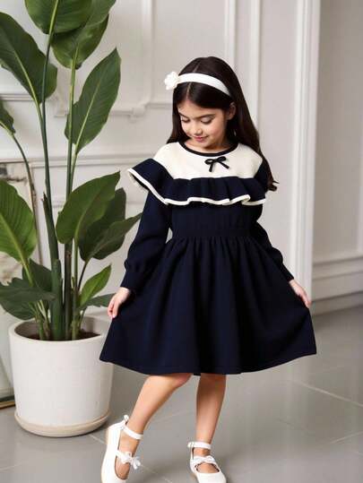 SHEIN 女童手工蝴蝶结针织连衣裙，可爱简约，秋冬新品，女童公主风长袖连衣裙，百搭可爱，适合返校日穿