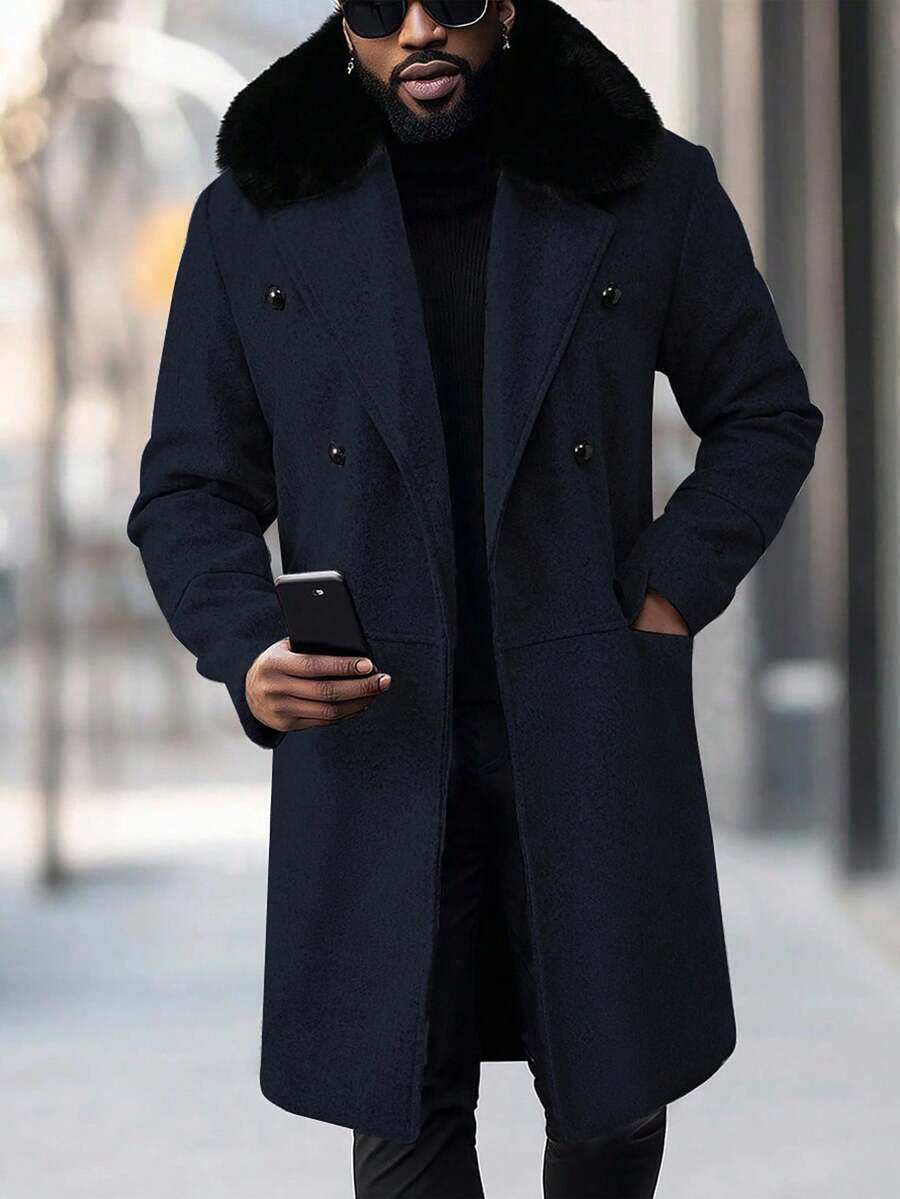 Manfinity Homme 宽松版型男士双排扣仿羊毛领羊毛大衣 - 藏蓝色 - 查看 1
