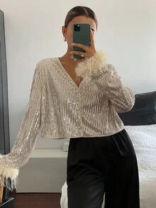 DAZY 女士时尚派对毛绒袖口亮片短款夹克女式外套 - 杏色 - 查看 4