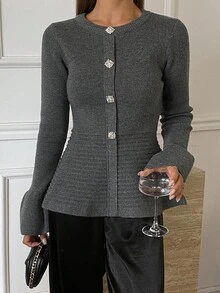 DAZY Women's Elegant Metallic Decor Round Neck Flare Sleeve Sweater, Autumn/Winter - Grey - View 1