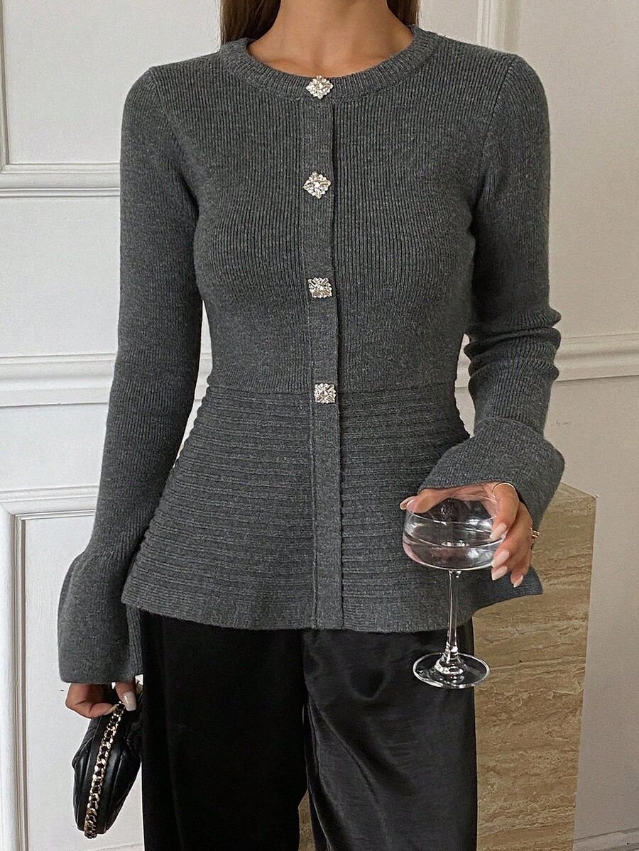 DAZY Women's Elegant Metallic Decor Round Neck Flare Sleeve Sweater, Autumn/Winter - Grey - View 1