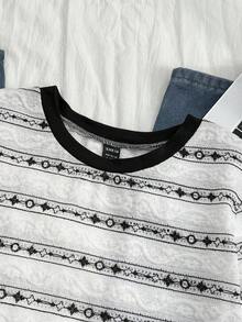 GlowEve 女式休闲全身印花宽松圆领长袖 T 恤，秋季 - 黑與白 - 查看 4